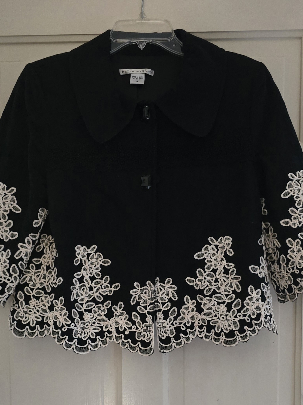 Peter Nygard Black Jacket with White Floral Lace Trim